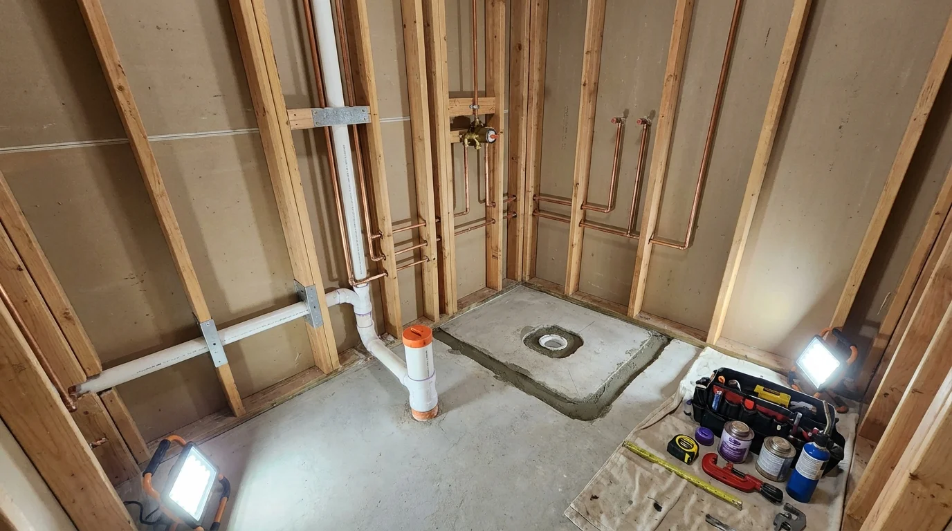 Bathroom rough-in plumbing during remodel by Johns Plumbing LLC in Gering
