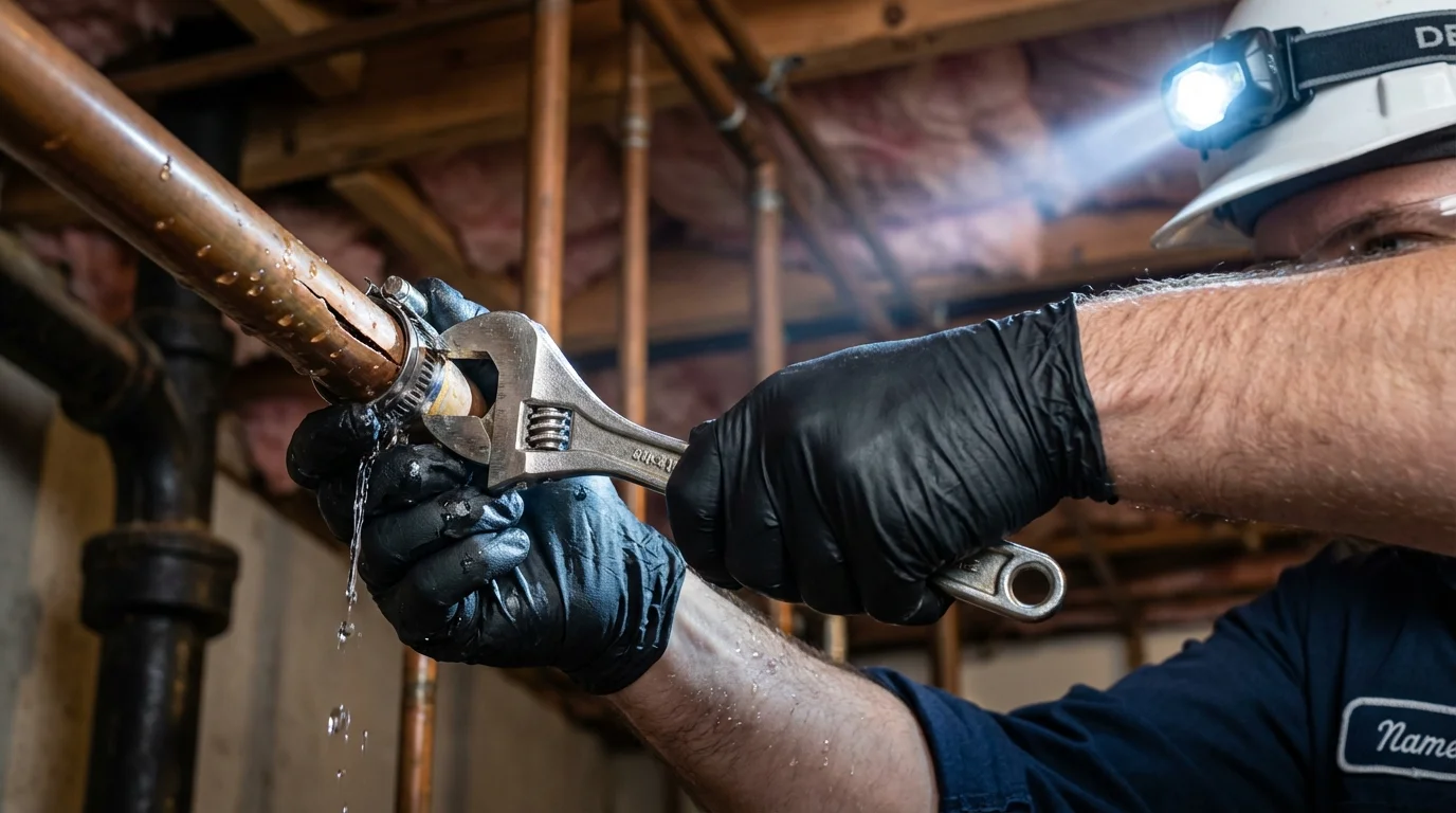 Emergency pipe clamp repair being performed by a Johns Plumbing LLC plumber in Gering