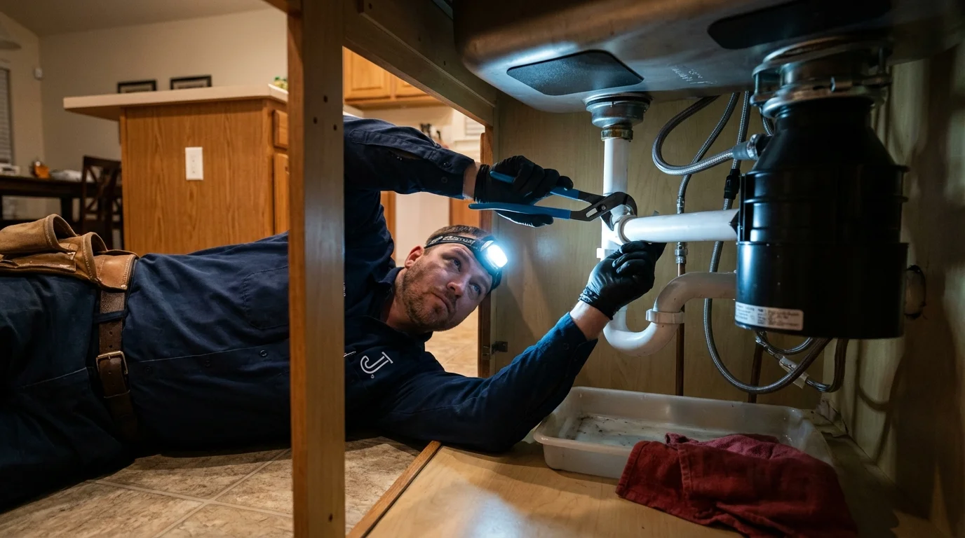P-trap and supply line connections under a kitchen sink showing a common leak point in Gering, NE
